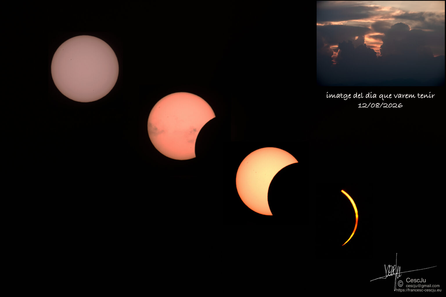 Composició de quatre fases d'un eclipsi solar sobre fons negre, amb un requadre del cel ennuvolat del 12 d'agost de 2026.